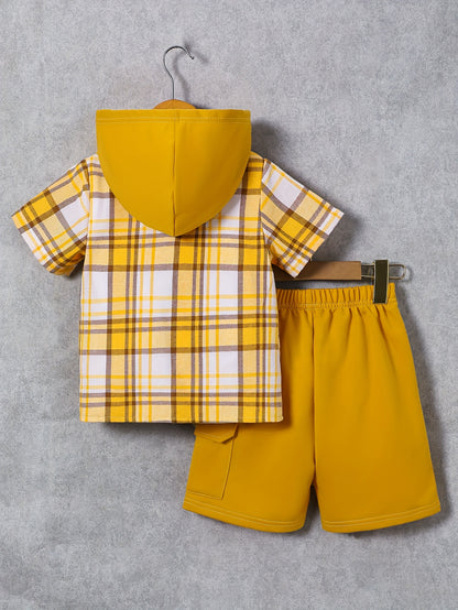 2pcs, Children's Short-sleeved Plaid Shirt Shorts Hooded Top Cardigan Fashion Casual Children's Shorts Set, Perfect for Outdoor