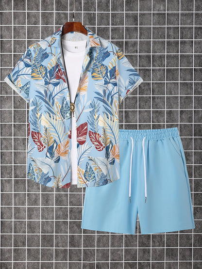 Set of 2pcs: Men'S Summer Short-Sleeve Button-Up Shirt And Shorts.