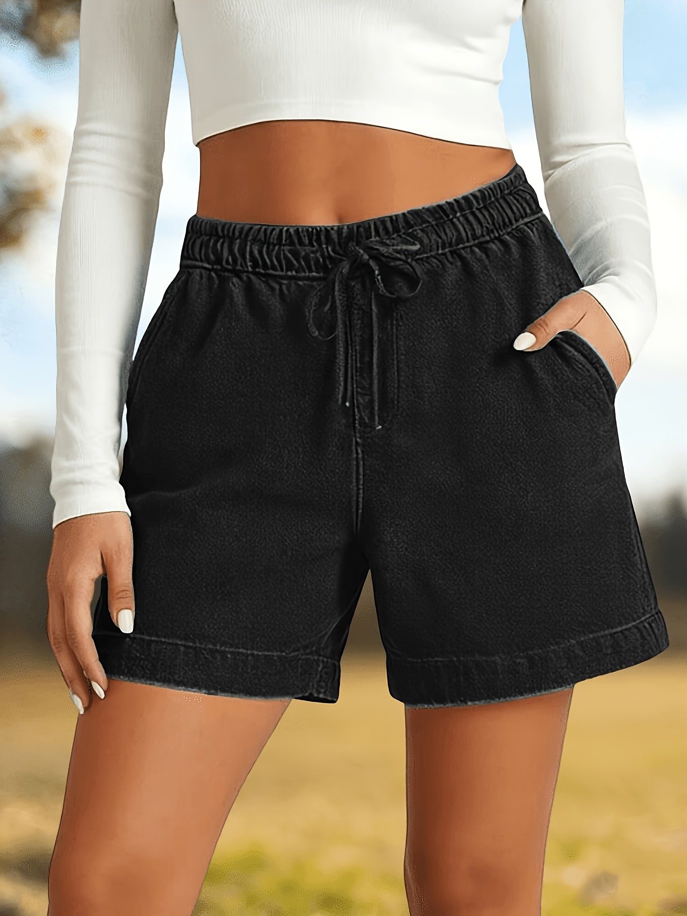 Loose And Stylish Casual Shorts, Solid Color with Elastic Waist, Five-pocket Jeans Shorts