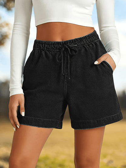 Loose And Stylish Casual Shorts, Solid Color with Elastic Waist, Five-pocket Jeans Shorts