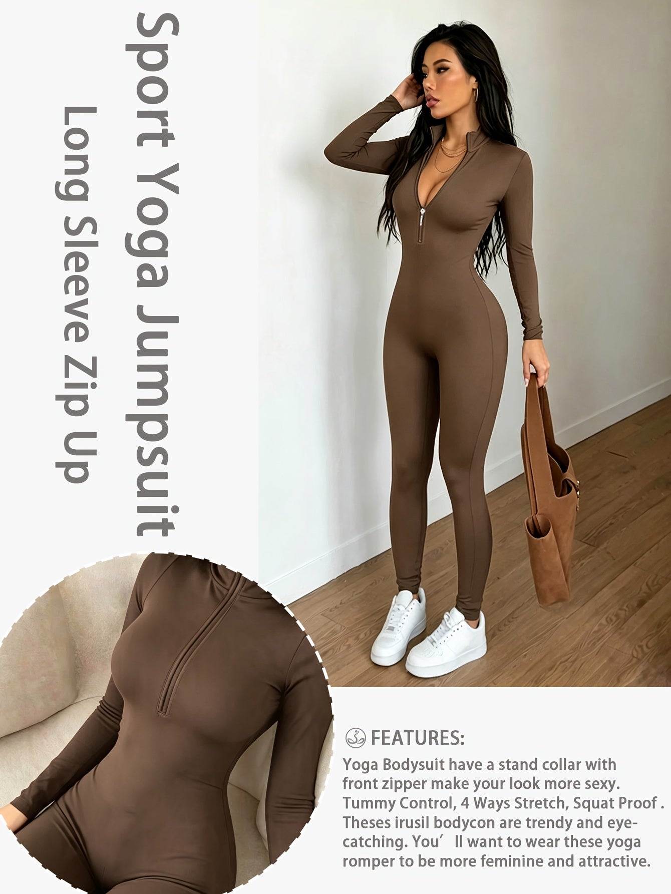 Women'S Solid Color Long Sleeve Skinny Jumpsuit, Front Half Zipper Design, Comfortable And Slim-fitting Jumpsuit, Casual And Versatile, Suitable For Cycling, Running, Yoga, Tennis And Other Training.