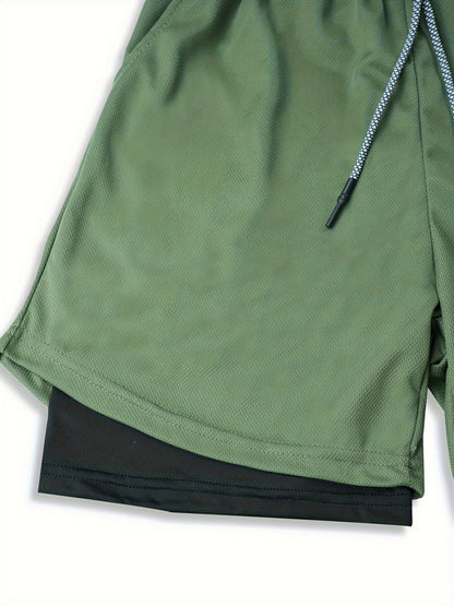 5pcs TNZI Gym Shorts Men'S 2-In-1 Double Layer With Inner Pocket, High Stretch Sports For Summer Workout Training, Running Athletic Compression Mens Basketball Bike Clothing Clothes Mesh Sets Gear Football Fitness Leggings Short De Hombre Gym