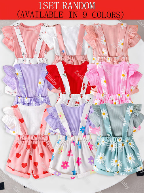 Random 1 Sets Baby Girl Clothes Ribbed Short Sleeved Triangular Jumpsuit Printed Overalls Set, for Outdoor