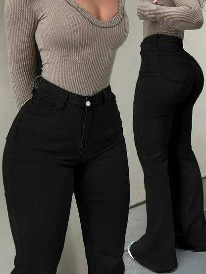 These Are Women'S Stylish Black Flare Jeans Made from Stretchy Viscose, Perfect for Casual Wear And Comfortable in Any Season, Featuring a Button-Front Design
