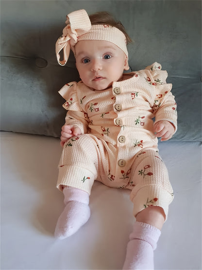 Kukitty Newborn Baby Girl Waffle Fabric Romper Ruffle Long Sleeve Floral Print Button Jumpsuit with Headband, for Outdoor