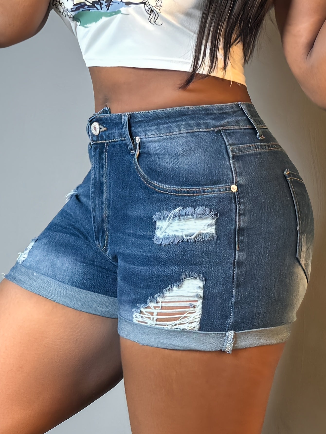Women's High-Stretch Ripped Denim Shorts - Summer Casual Straight Leg Shorts with Practical Pockets, Machine Washable & Distressed Details for Everyday Comfort