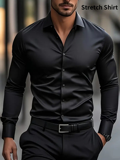 Men's Slim Fit Muscle Shirt - Stretch Polyester Blend Long Sleeve for Body Contouring | Glossy Solid Color Workout & Casual Shirt | Spring/Fall Gym-to-Street Wear (Hand Wash)