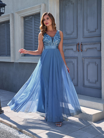 Women'S Dress Embroidery Design V-Neck Sleeveless Long Dress Wedding Dresses for Women for Engagement Wedding Evening Party Dancing Performance Date Daily Valentine'S Day New Year Various Occasions Mesh Long Dress