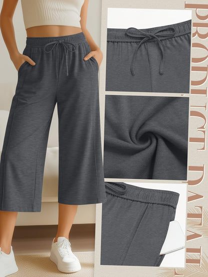 Plus Size, 3pcs Plus Size Women's Capri Pants, Wide Leg Basic Sweatpants Lounge Loose Fit Casual Drawstring Capris with Pockets