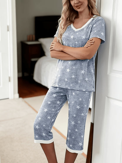 2pcs V-neck Star-print Pajama Set, Made From Soft, Comfortable Fabric with A Color-blocked Star Print Design. Features An American Retro Style. This Women's Pajama And Loungewear Set Is Trendy And Fashionable, A New Seasonal Release And A Must-have