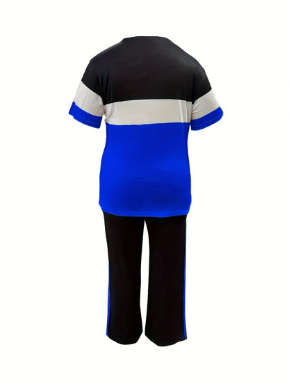 Plus Size, Ladies' Casual Short-sleeved Trousers Suit, Striped Print Letter Blessing, Loose Trousers with Pockets