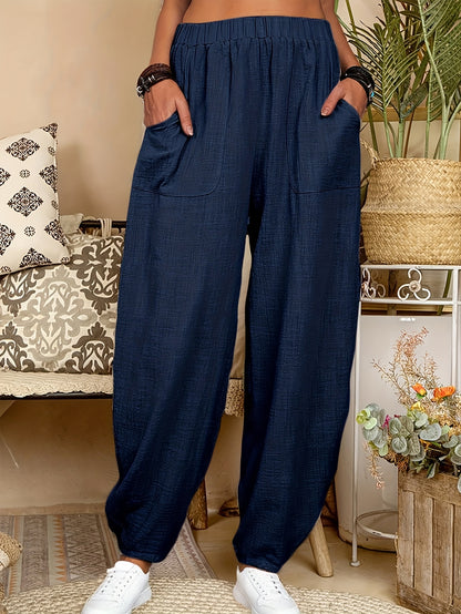4pcs Women'S Casual Lightweight Harem Pants with Elastic Waist And Side Pockets - Breathable, Loose Fit, All-Season Wear, Black/Green/Brick Red/Khaki Solid Color, Machine Washable