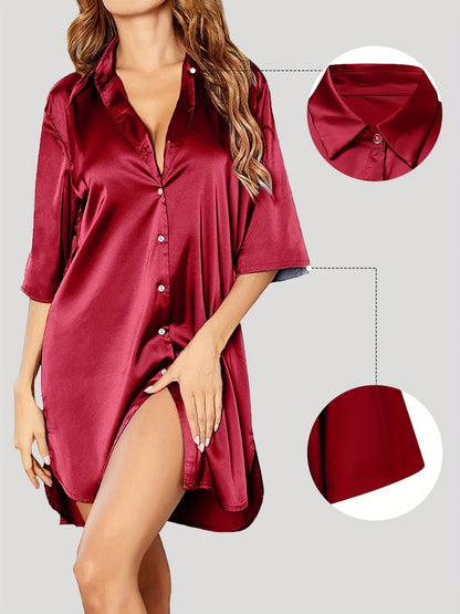 European And American Solid Color Sexy Shirt for Women Comfortable And Smooth Home Wear Long Pajamas