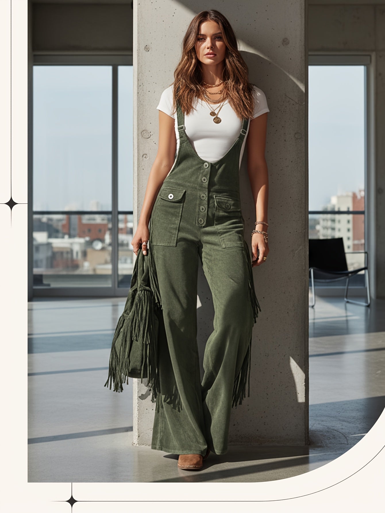 Vintage Fringe Detail Overalls, Loose Wide Leg Design, Fashion Youthful Casual Style, Daily Outing Travel Outfit, Versatile Multi-Occasion Wear