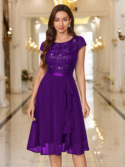 Y82016 Elegant Women's Glitter Sequin Chiffon A-Line Bridesmaid Dress with Cap Sleeves & Ruffled Hem - Sparkling Wedding Party Dress for Bridesmaids, Prom, Birthday, Formal Evening Gown - Machine Washable Chiffon