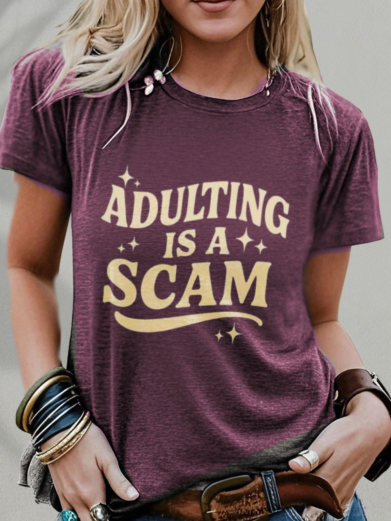 Women's Funny "Blended Adult Is a Scam" T-Shirt - Retro Humorous Slogan Short Sleeve Round Neck Blouse Suitable for Her Gift, Casual Statement Top for Daily Wear & Humor Apparel, Machine Washable Comfortable Everyday Outfits