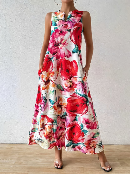 Casual And Fashionable Floral Print Round Neck Dress, Casual Sleeveless Dress with Pockets, Suitable for Casual Vacation Spring And Summer Women's Clothing