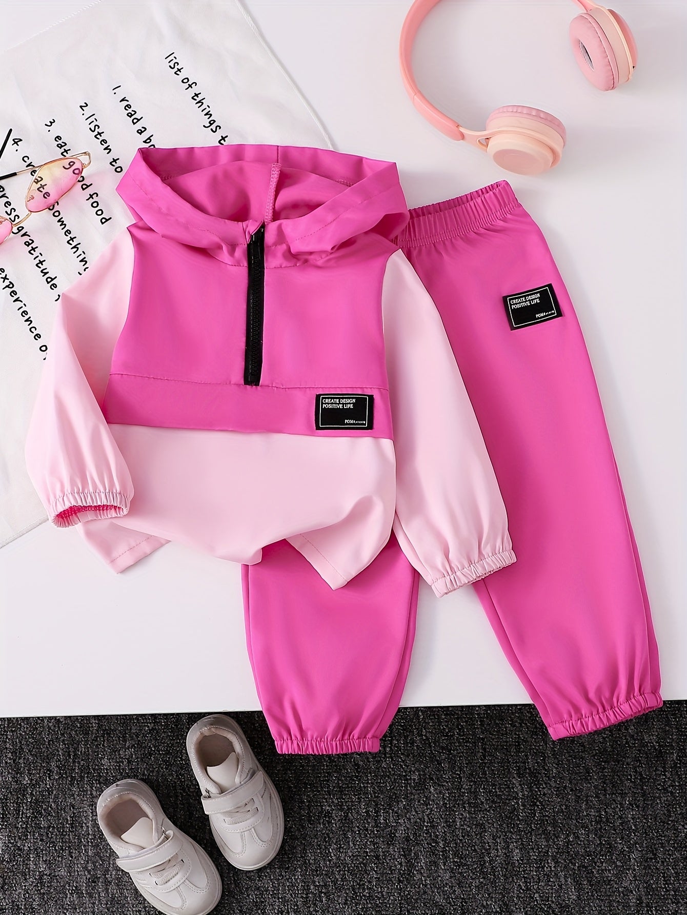 2pcs Girls' Rose Pink and Pink Zipper Hoodie Top with Rose Pink Long Pants Casual Set, Perfect for Outdoor