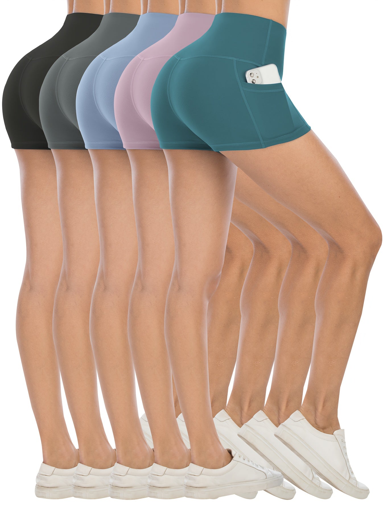 Set of 5 High-Waisted Biker Shorts for Women Featuring Pockets