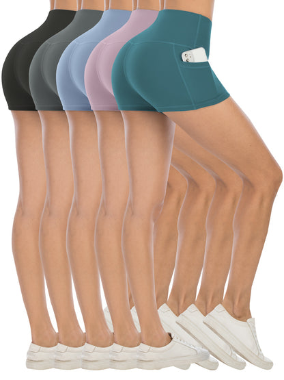 Set of 5 High-Waisted Biker Shorts for Women Featuring Pockets