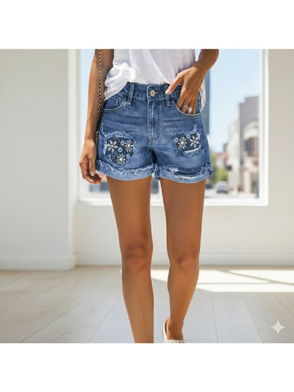 Blue Denim Floral High-Waist Denim Shorts - product view 8