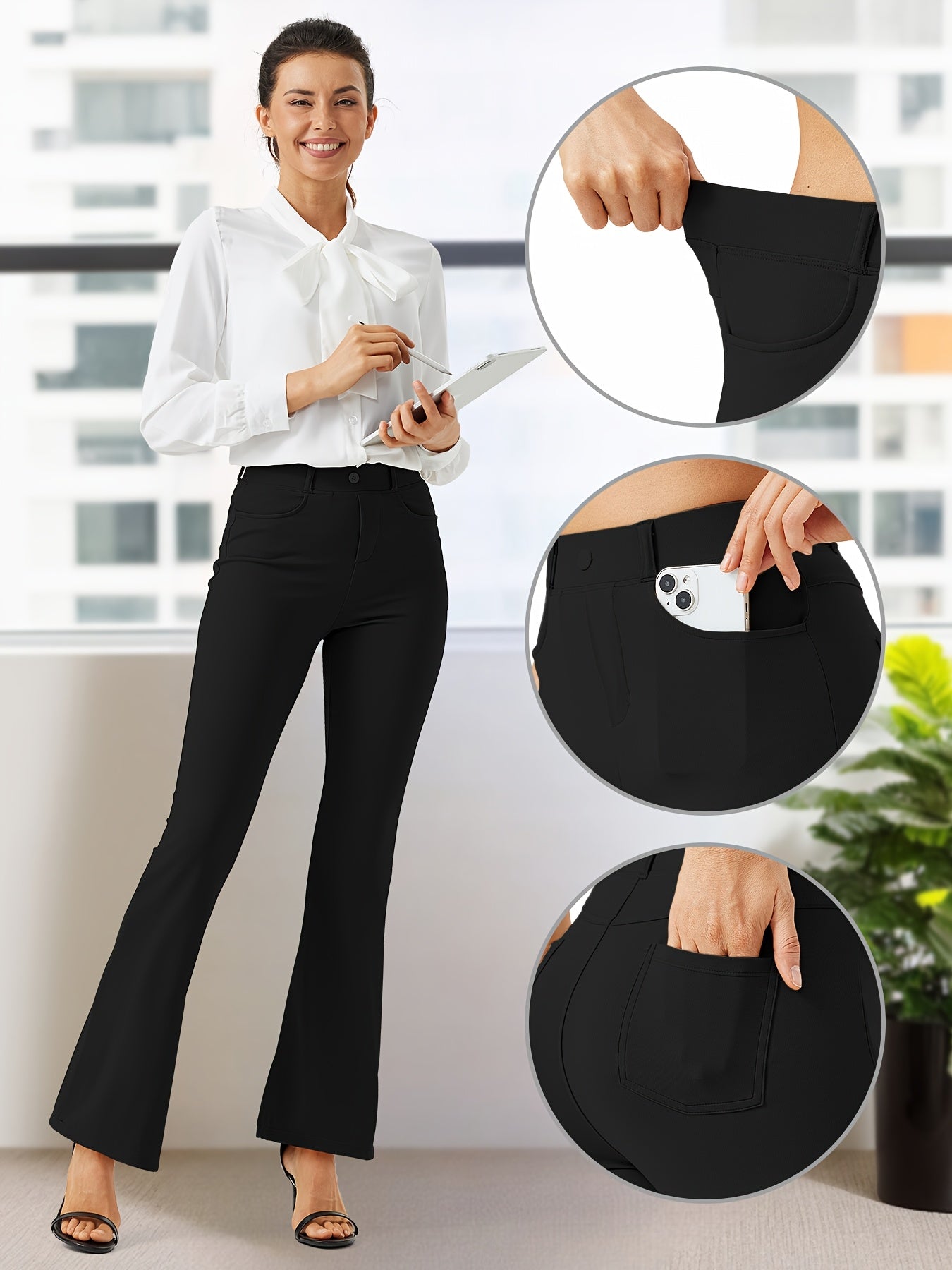 Plus Size, Plus Size Women's Dress Work Pants Slacks Stretch Comfy Breathable Soft Casual Office High Waisted Tummy Control Flare Pants with Belt Loops 4 Pockets Lounge Business