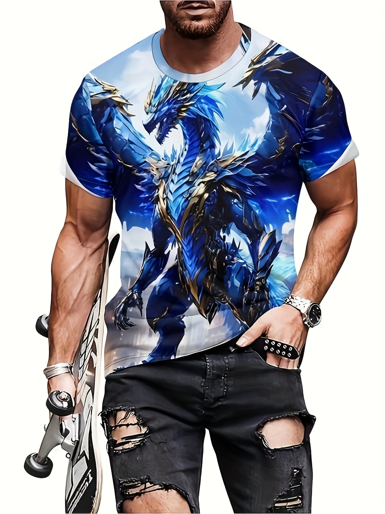 Wuwei Mechanical Blue Dragon 3D Pattern Printed Men's Graphic T-Shirt Comfort T-Shirt, Short Sleeve Pullover, Men's Summer Outdoor Clothing