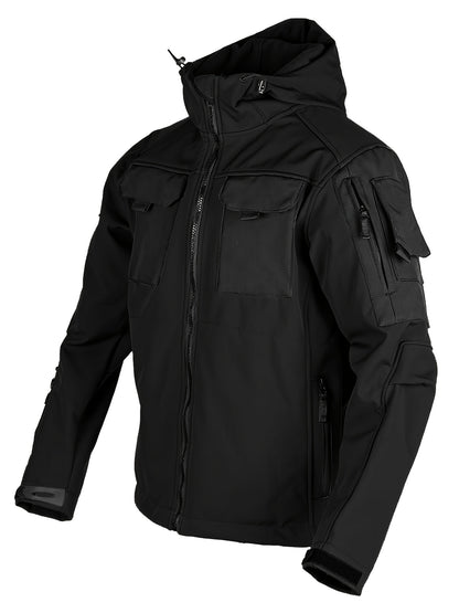 Winter Shark Skin Softshell Hooded Jacket Multi-pocket Tactical Windbreaker for Outdoor Adventures -lined Thermal Fabric Ideal for Snowy Weather and Hiking ExcursionsWinter Shark Skin Softshell Hooded Jacket Multi-pocket Tactical Windbreaker Fo