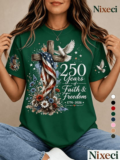 Women'S Fashion T-Shirt with Wooden Cross Flag Dove Flower And Star Print, Summer Casual Vacation Loose Fit Short Sleeve Top