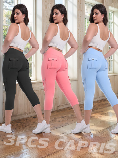 3-packs High Waist Yoga Capri Pants 3pcs Capri Pants Set, 4 Way Stretch Butt Lifting Tummy Control, 4 Button Pockets Workout Running Sports Pants