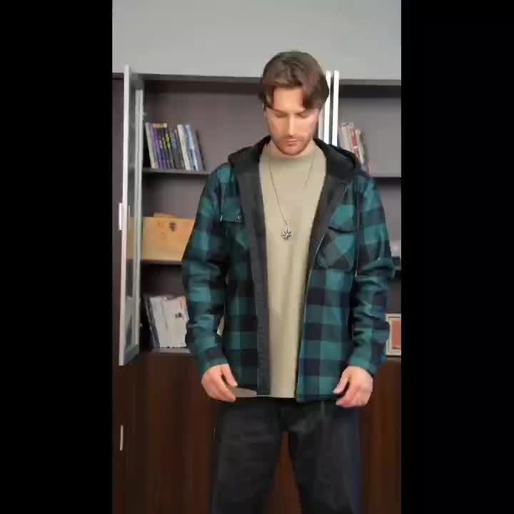 2025 New Men'S Checked Hooded Coat - Comfortable Fleece-Lined, Thick Casual Long Sleeve Top with Pockets, Black And Green Check Design, Ideal for Autumn/Winter, Suitable for Casual Or Professional Attire