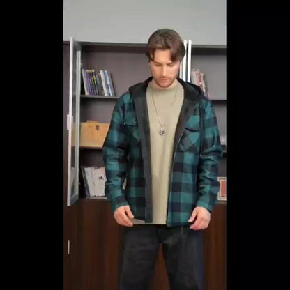 2025 New Men'S Checked Hooded Coat - Comfortable Fleece-Lined, Thick Casual Long Sleeve Top with Pockets, Black And Green Check Design, Ideal for Autumn/Winter, Suitable for Casual Or Professional Attire