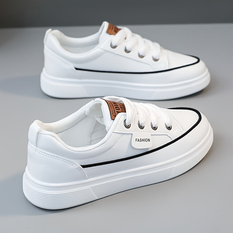 Women's Skateboarding Shoes - College Style Flat Sole Casual Sneakers with Soft Rubber Outsole & EVA Cushion, Breathable Faux Cover & Mesh Upper, All-Season Outdoor Walking Shoes for Students (White/Black)