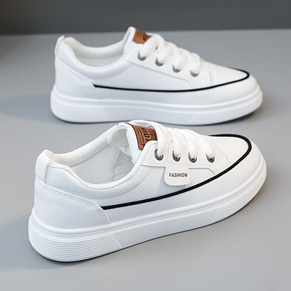 Women's Skateboarding Shoes - College Style Flat Sole Casual Sneakers with Soft Rubber Outsole & EVA Cushion, Breathable Faux Cover & Mesh Upper, All-Season Outdoor Walking Shoes for Students (White/Black)