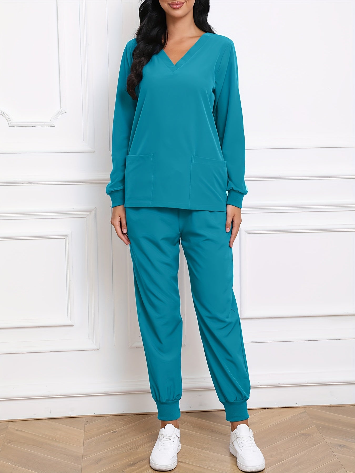 Women'S V-Neck Long Sleeve Elastic Uniform Set with Pockets, Breathable Stretch Top And Waist Cord Pocket Pants Two-Piece Set