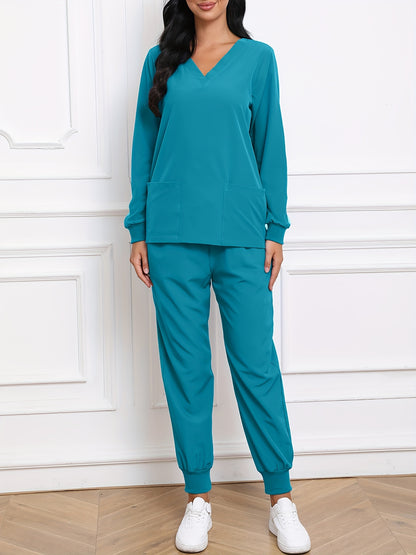 Women'S V-Neck Long Sleeve Elastic Uniform Set with Pockets, Breathable Stretch Top And Waist Cord Pocket Pants Two-Piece Set