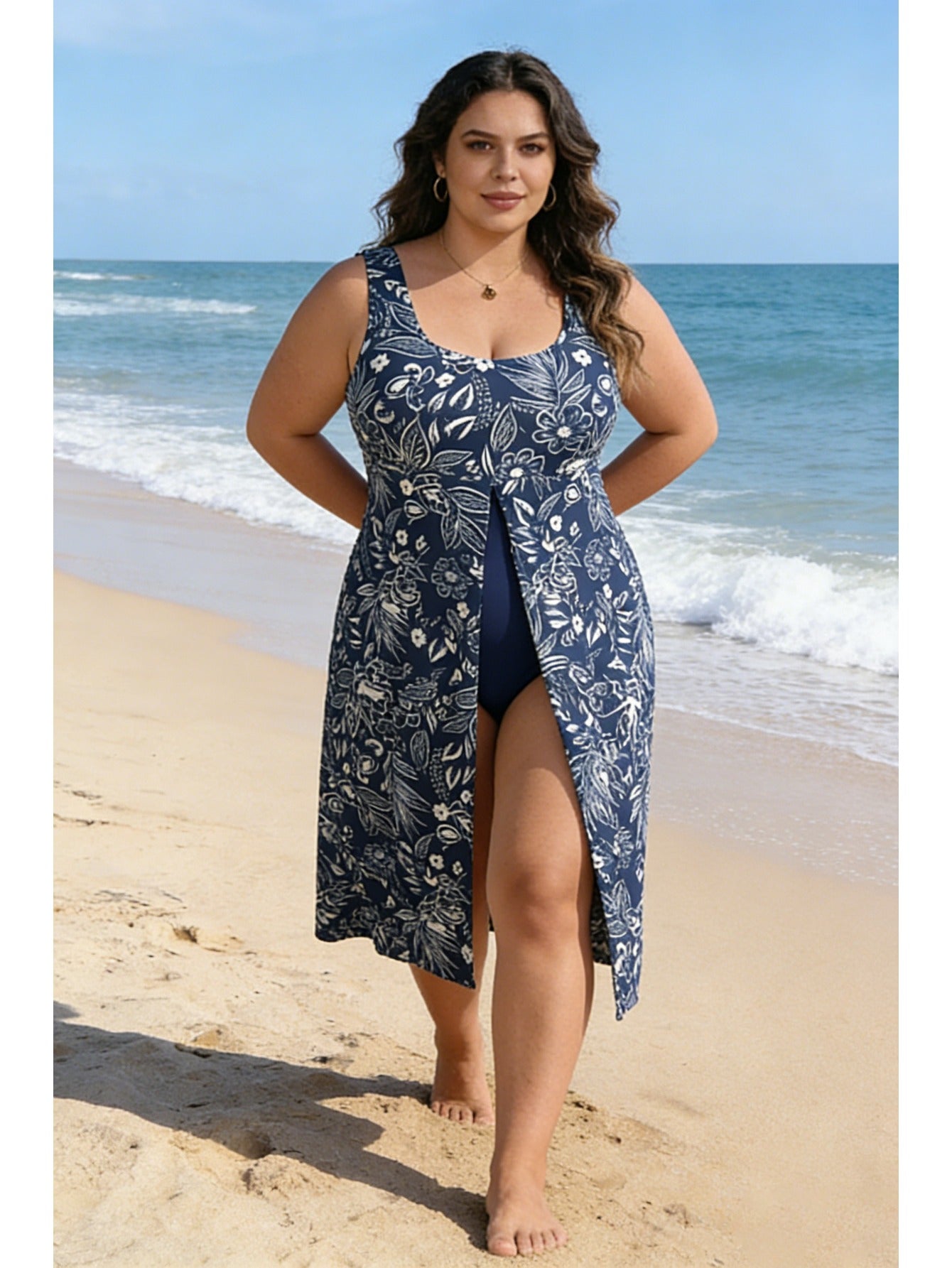 Women'S Large-Size Sleeveless Fitted Halter Dress with Tankini, Blue And White Floral Print Swimsuit, Enhances Figure, Beach Pool Vacation Swimsuit (With Underwear)