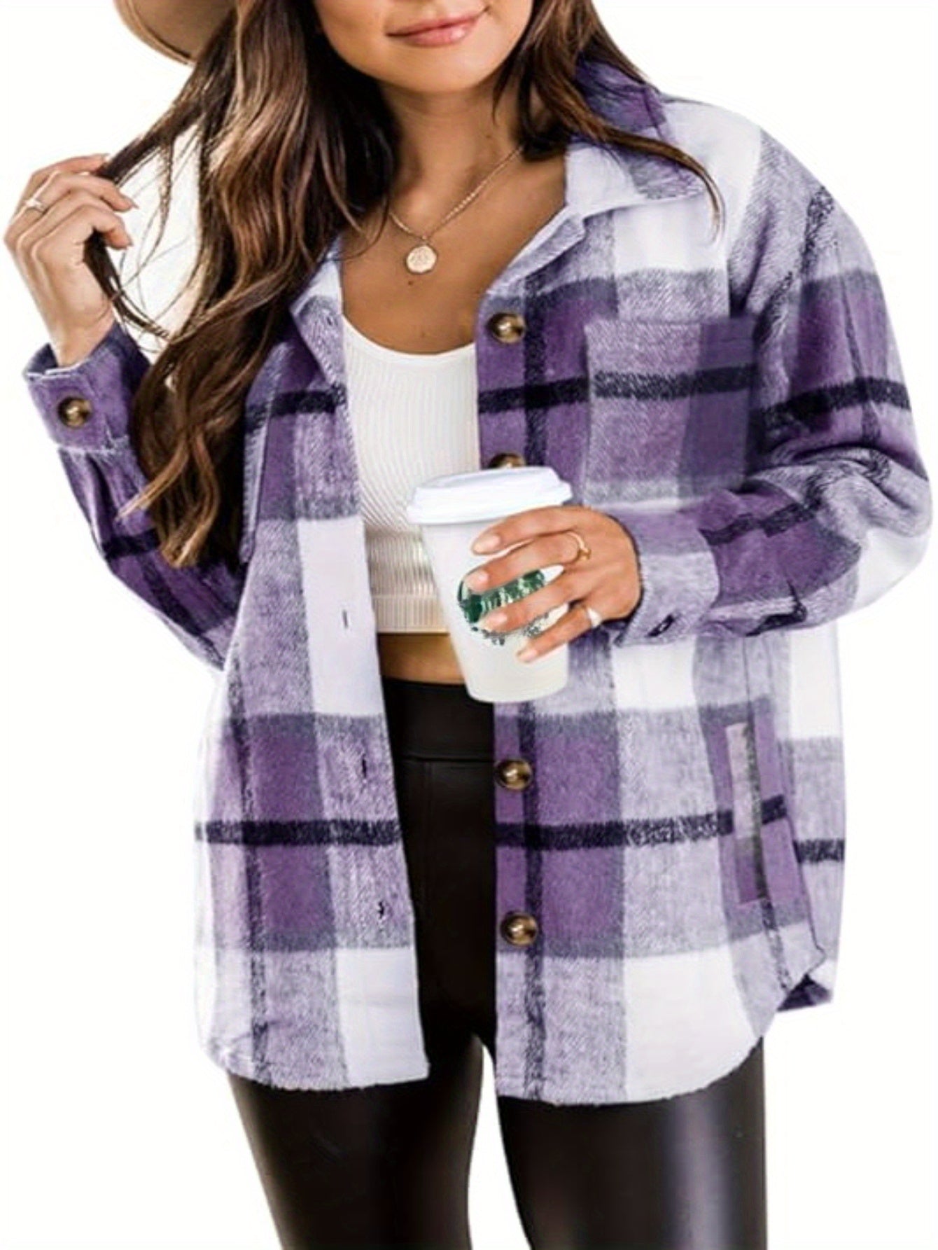 Plaid Shirt Jacket - Women'S Long Sleeve Button Coat for Casual Commute Date Night