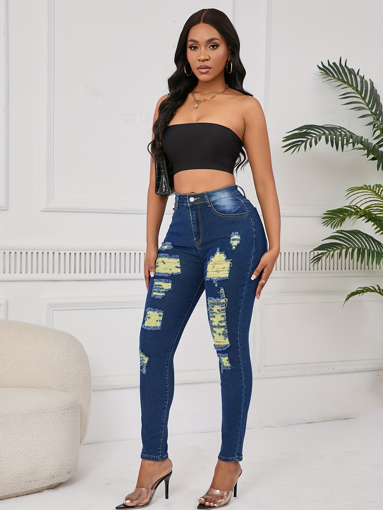 Women Distressed Jeans Women`S Waist Stretch Denim Pants Color Ripped Yellow Detail Skinny Jean for Women