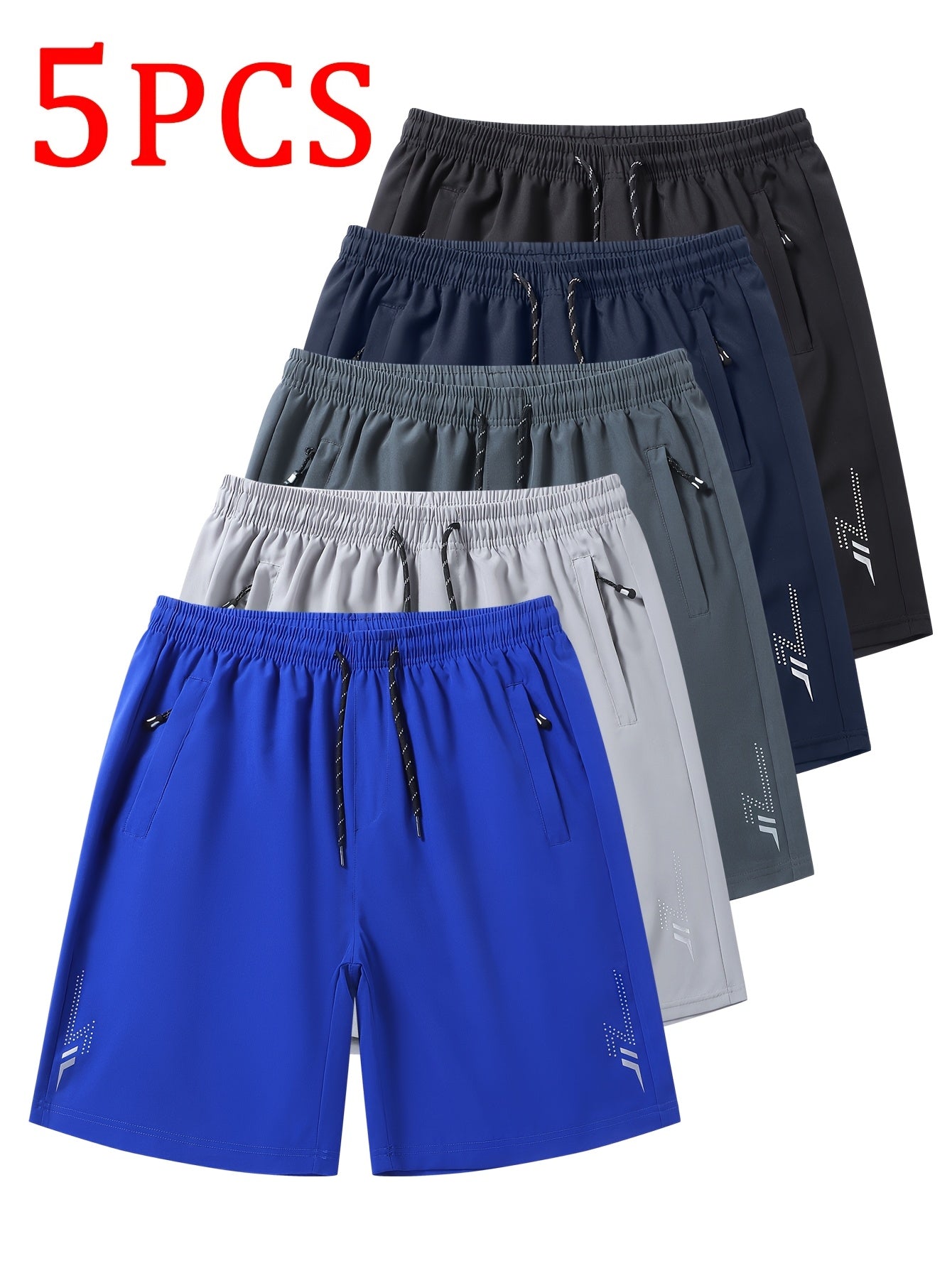 5pcs Men's Casual Sports Shorts with Hidden Zipper Pockets, Contrast Zipper, Summer Breathable Quick-Dry Fabric, for Daily Wear, Running, Basketball, Knee-Length Pants for Men, Quick-Dry Fitness Shorts for Men, Striped Waistband with Drawstring
