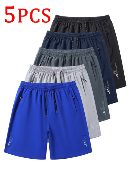 5pcs Men's Casual Sports Shorts with Hidden Zipper Pockets, Contrast Zipper, Summer Breathable Quick-Dry Fabric, for Daily Wear, Running, Basketball, Knee-Length Pants for Men, Quick-Dry Fitness Shorts for Men, Striped Waistband with Drawstring