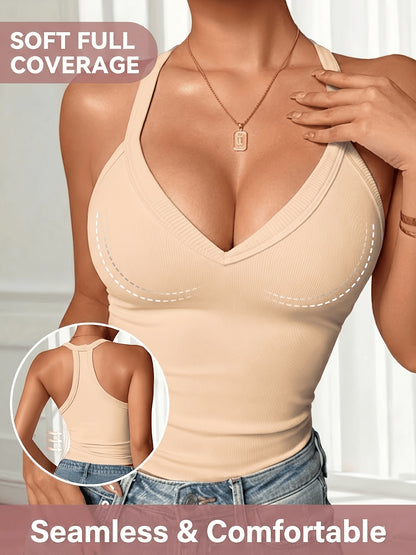 5pcs Women'S Ribbed V-neck Vest, Comfortable, Breathable, Sexy, Slim Fit, Sleeveless Suspender, Sports Vest