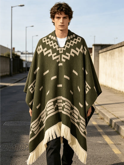 Men's Western Bandit Cape Coat with Tribal Print, Warm V-Neck Poncho with Tassel Trim for Outdoor Adventures, Fall and Winter Casual Wear (Brown/ White)
