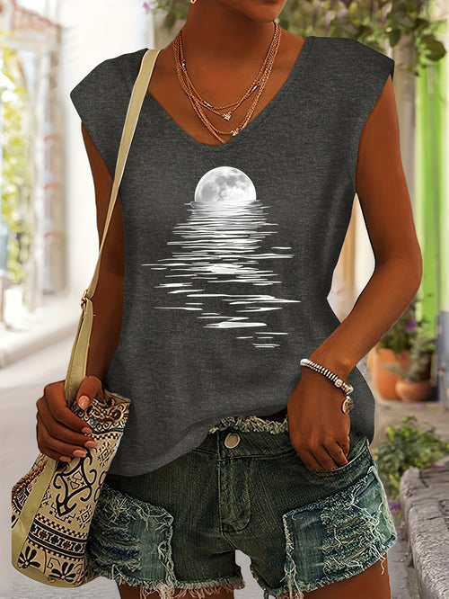 Women's Breathable Rayon V-Neck T-Shirt - Moon & Water Print H-Line Fitted Beach Top, Short Sleeve Casual Summer Blouse for Vacation, Machine Washable Spring/Summer Outfits