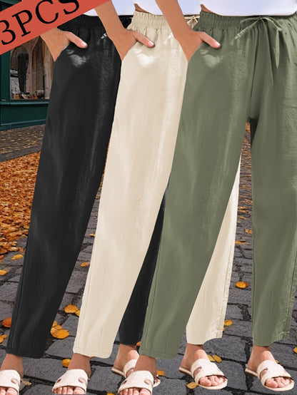 3-Pack Women'S 9/10 Length Casual Trousers, Loose Fit, Solid Color Drawstring Elastic Waist, Comfortable And Versatile for Office, Weekend Strolls, Gatherings, And Beach Vacations