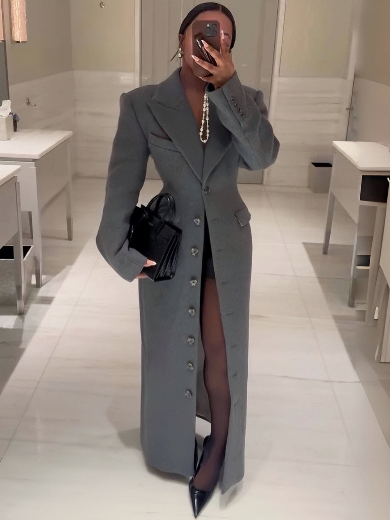 GlOURI Women'S Single-Breasted Maxi Coat - Women'S Outerwear - Grey Tailored Maxi Jacket With Pad Shoulder & Statement Buttons | Single-Breasted Designer Coat For Elegant Office & Formal Wear Warm Fall And Winter Coat