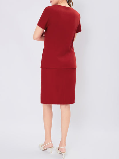 Women's V-Neck Button-Up Scrub Set, Fashionable Short Sleeve Beauty Salon Medical Hand Wash Uniform, Polyester Blend, Casual Style, Regular Fit, Solid Color, Straight Sleeve, Knee-Length Skirt with Pockets, Pullover Top