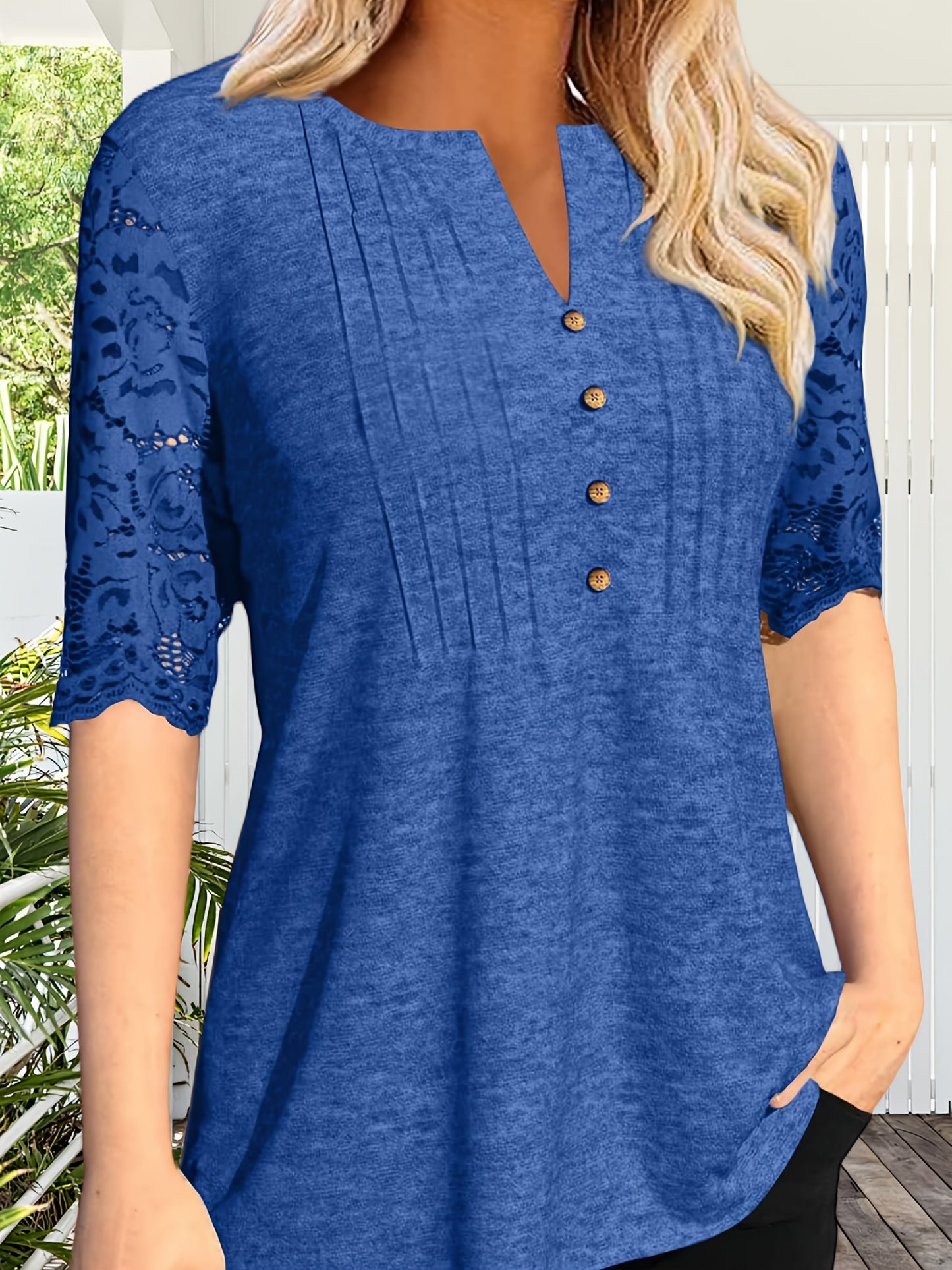 Women's Summer Pleated Button Short Sleeve T-shirt Summer V-neck Solid Color Casual Top