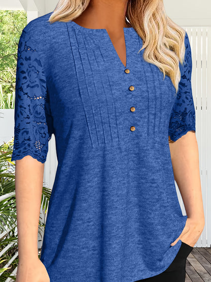 Women's Summer Pleated Button Short Sleeve T-shirt Summer V-neck Solid Color Casual Top