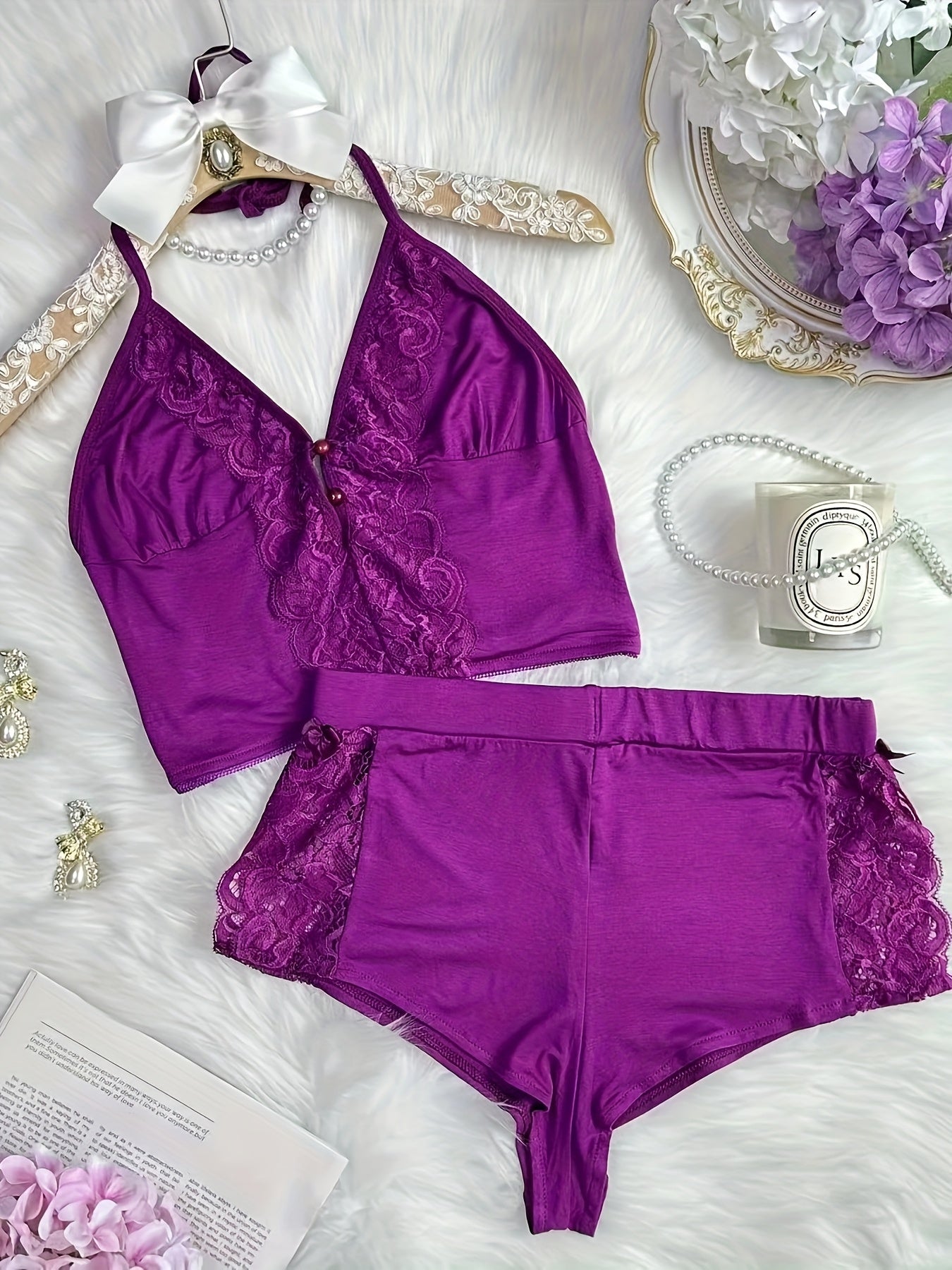 Spring/Summer New Gift Set: Solid Color Lace Trim Halter Neck Tie-Back Button-Up Open-Back Lace Trim Soft Skin-Friendly Sexy Home Sleepwear Set